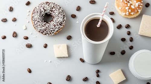 Enjoying coffee and donut treats with scattered chocolate and coffee beans on a table