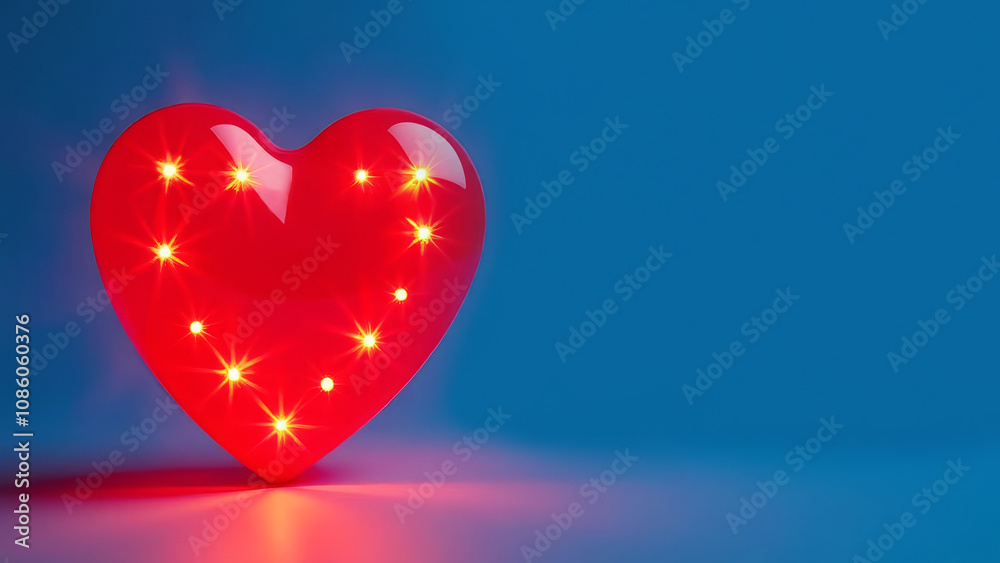 Futuristic red heart glows with lights inside on the right on a blue background with copy space, creating an atmosphere of celebration and love. Romantic greeting and gift for the holiday. Futuristic red heart glows with lights inside on the right on a blue background with copy space, creating an atmosphere of celebration and love. Romantic greeting and gift for the holiday.