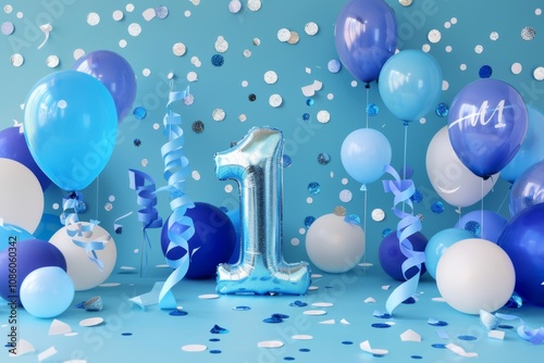 First birthday celebration with blue balloons and confetti photo