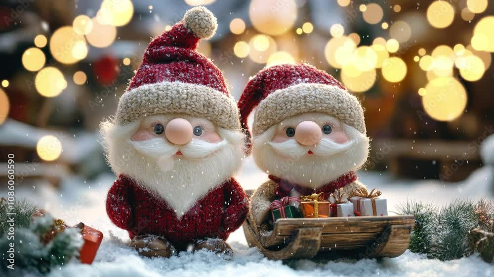 Two Santa Clauses on small wooden sleighs with gifts. Christmas greeting card with Santa Claus. Festive decoration. New Year. Selective focus. Cute funny gnomes, decorated for Christmas. Loop. Two Santa Clauses on small wooden sleighs with gifts. Christmas greeting card with Santa Claus. Festive decoration. New Year. Selective focus. Cute funny gnomes, decorated for Christmas. Loop.