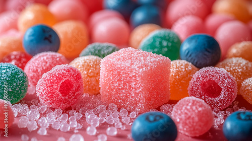Colorful Sugar-Coated Jelly Candies and Blueberries with Pink Background