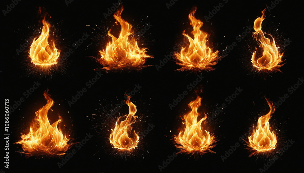 Set of fire flames on black background, burning visual effect Set of fire flames on black background, burning visual effect