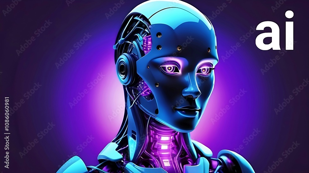 Female robot in purple light. Female robot in purple light.