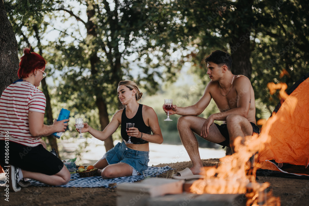 Three friends having a relaxing mountain picnic, sharing drinks and enjoying a barbeque fire under the trees. Three friends having a relaxing mountain picnic, sharing drinks and enjoying a barbeque fire under the trees.