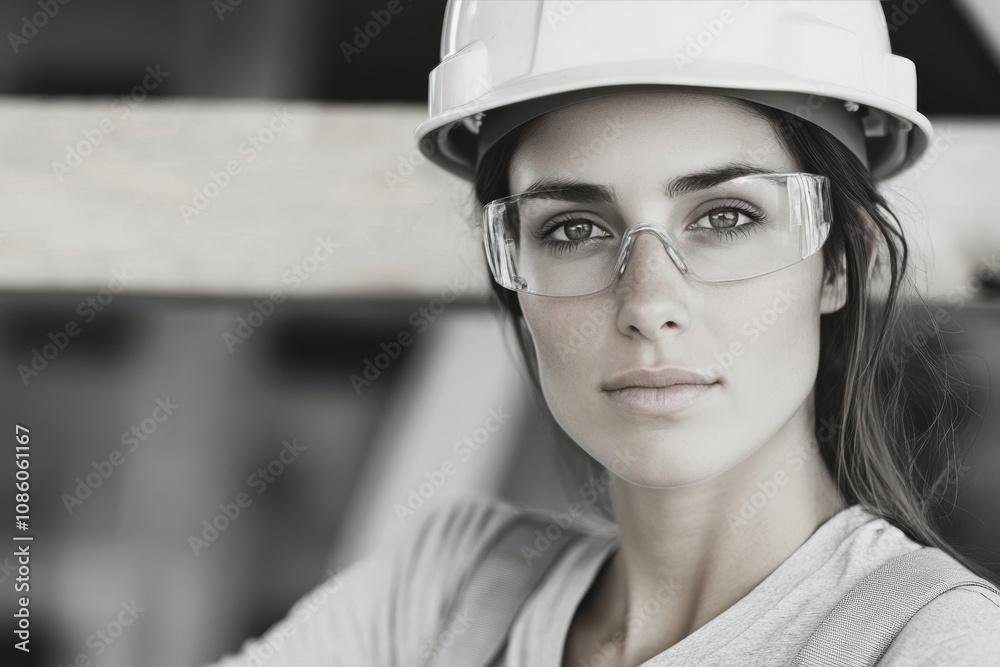 Confident woman in hard hat with safety glasses at a construction site during the daytime