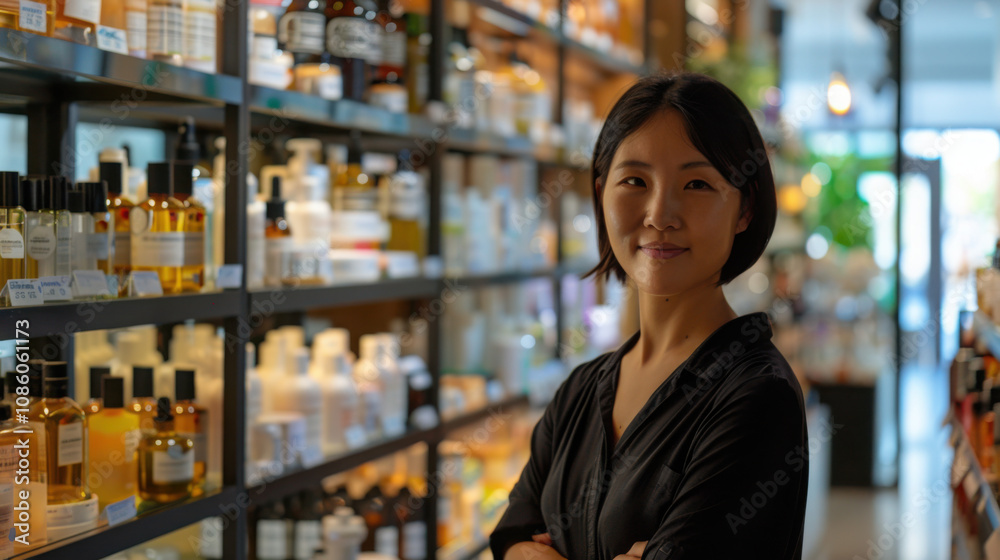 Asian woman entrepreneur standing by a modern office desk, holding a cup of coffee, relaxed yet professional, warm and inviting office decor. Asian woman entrepreneur standing by a modern office desk, holding a cup of coffee, relaxed yet professional, warm and inviting office decor.
