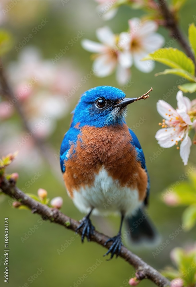 Fototapeta premium Eastern bluebird perched on a flowering branch holding nesting material