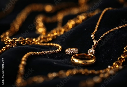 Golden chains, rings, and pendant shining on black velvet photo