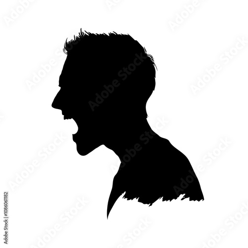 Silhouette of a man with messy hair screaming, side view on a white background. Concept of anger, frustration
