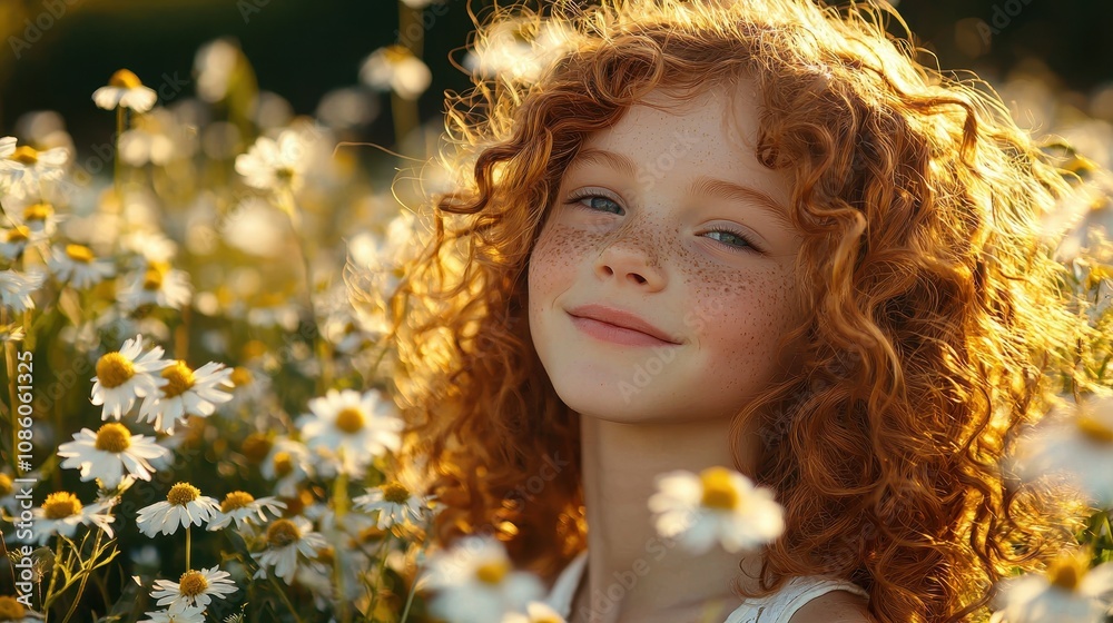 Fototapeta premium Beautiful young girl with curly red hair in chamomile field