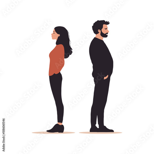A couple stands back to back, depicting emotional separation, in a minimalist style, on a plain background, illustrating disconnection. Concept of divorce, misunderstanding in family