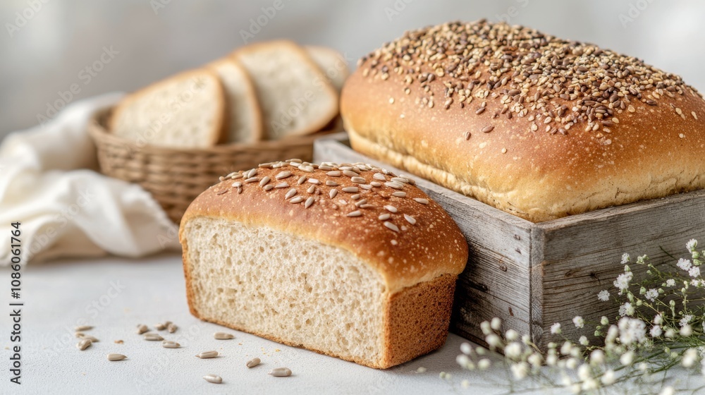 Freshly baked bread loaves on a wooden board surrounded by flowers in soft natural light Freshly baked bread loaves on a wooden board surrounded by flowers in soft natural light
