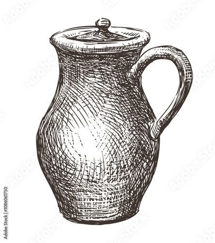 Hand drawn vintage clay jug with handle and cover, vector sketch isolated on white