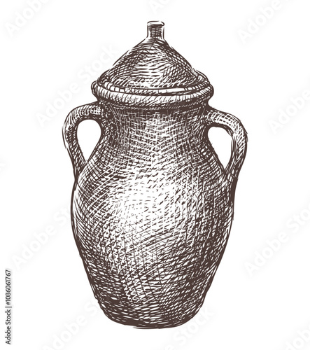 Hand drawn vintage clay jug with two handles and cover, vector sketch isolated on white