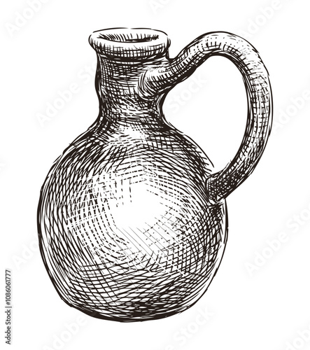 Hand drawn vintage clay jug with handle for drinks, vector sketch isolated on white