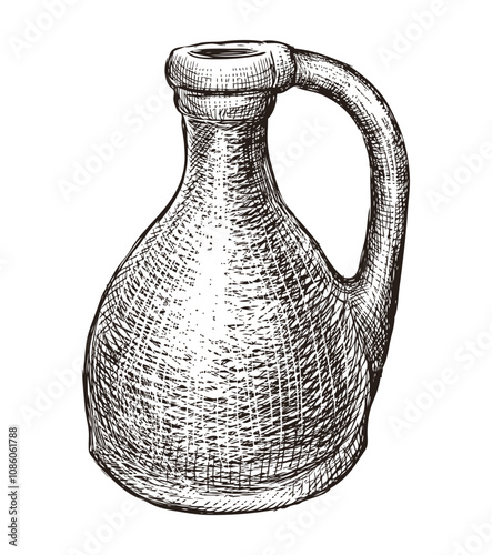 Hand drawn vintage clay pitcher with handle for drinks, vector sketch isolated on white