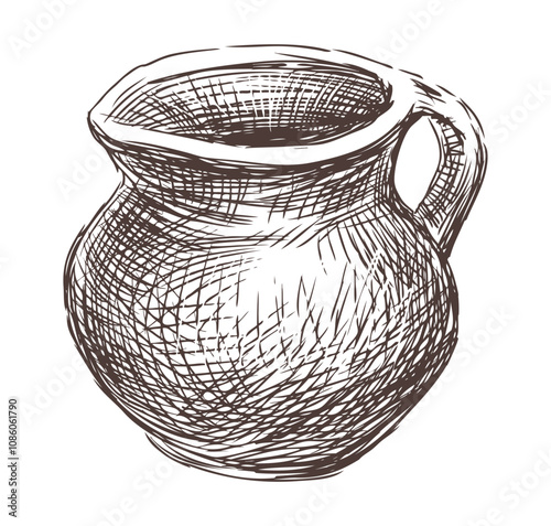 Hand drawn vintage clay pot with handle, vector sketch isolated on white