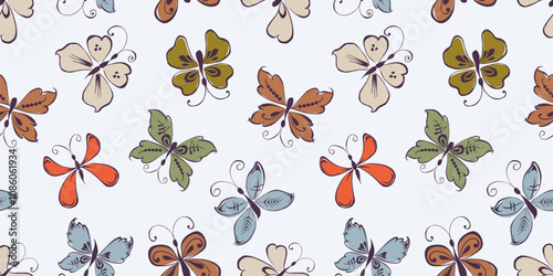 Seamless pattern of outlines decorative flying butterflies, vector background, paper, textile, wrapping, wallpaper, fabric