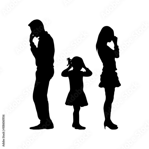 A family of three silhouettes showing various emotions against a white background, concept of stress, emotional distance. Concept of divorce, misunderstanding in family