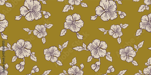 Seamless pattern of outlines pansies flower heads, leaves, buds, vector background, fabric, textile, paper, wallpaper