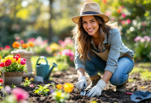 Fototapeta Naklejka Na Ścianę i Meble -  Happy gardener planting flowers in colorful garden during springtime