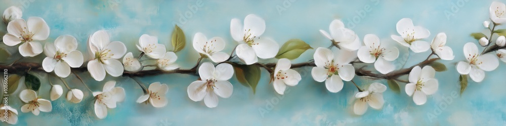 Branch of white flowers against a light blue background, painted style Branch of white flowers against a light blue background, painted style