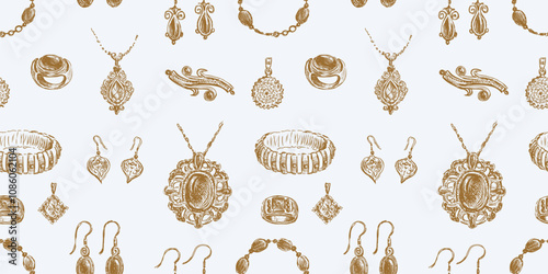 Seamless pattern of sketches female jewelry, vector background, paper, wallpaper