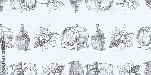 Seamless pattern of sketches wine wicker bottle, wine barrel, grape berries bunch, vector background, paper, wallpaper, wrapping
