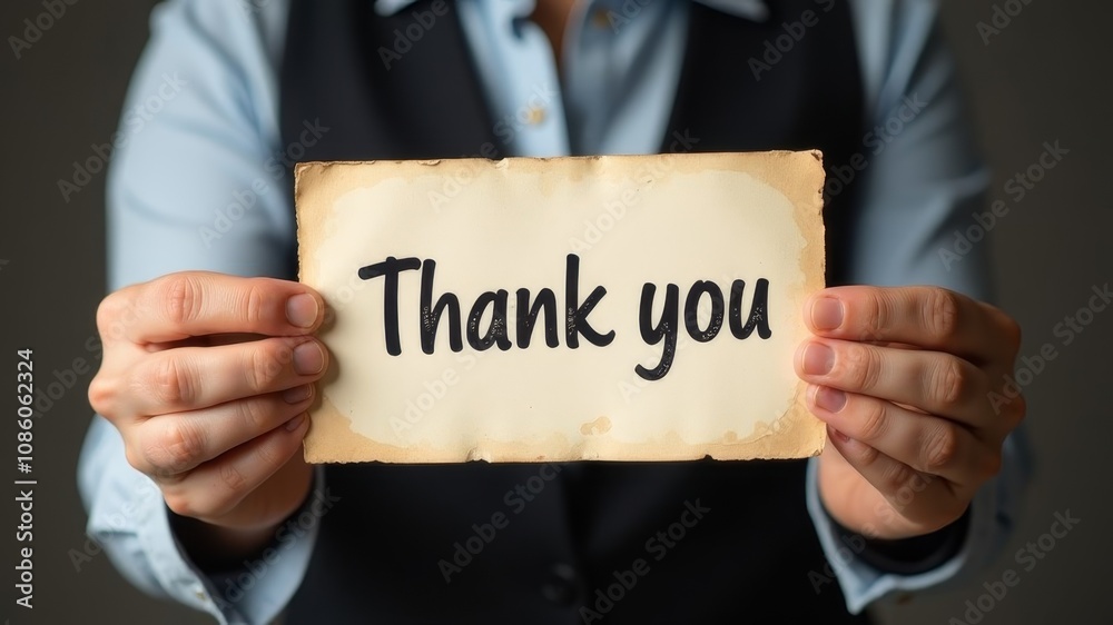 A man in a suit holds an old, tattered piece of paper with the words Thank you written in handwriting. A man in a suit holds an old, tattered piece of paper with the words Thank you written in handwriting.