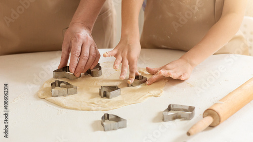 Home baking. Child and granny cutting cookies out of raw dough at table, closeup of hands