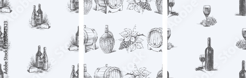 Seamless patterns of sketches ripe grape,wine bottles, barrels, wine glasses, hand drawings of winemaking theme, vector background, paper, wallpaper