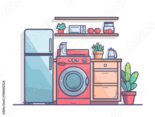 Kitchen with a red washer and dryer, a refrigerator, and a microwave. The refrigerator is on the left side of the image, and the microwave is on the right side