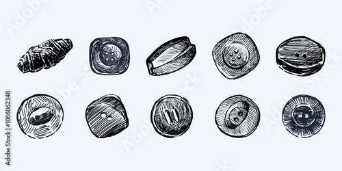 Sketches of different sewing buttons for clothing, hand drawings, vector illustration isolated on white
