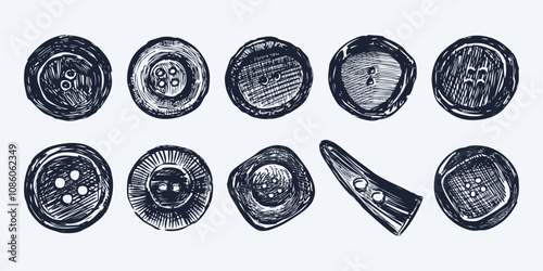 Sketches of different sewing buttons for outerwear, hand drawn vector illustration isolated on white