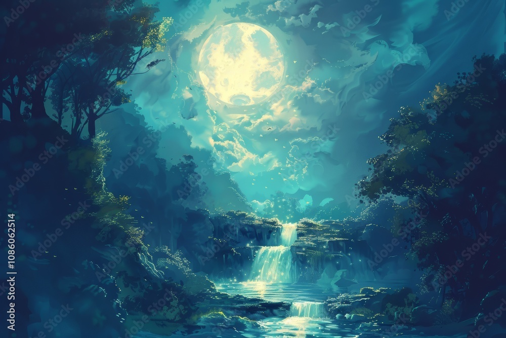Obraz premium Moonlit waterfall in enchanted forest