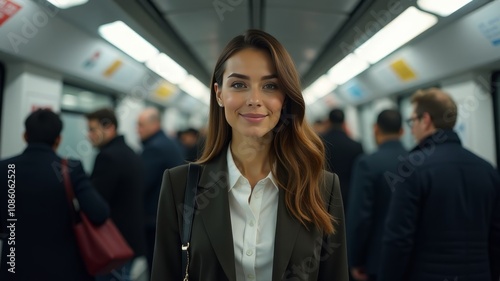 cute woman in the subway among busy passengers stands in the middle of the car and looks at the camera