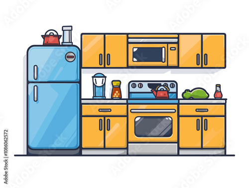 Cartoon kitchen with a blue refrigerator, a microwave, and an oven. The kitchen is yellow and has a clean, modern look