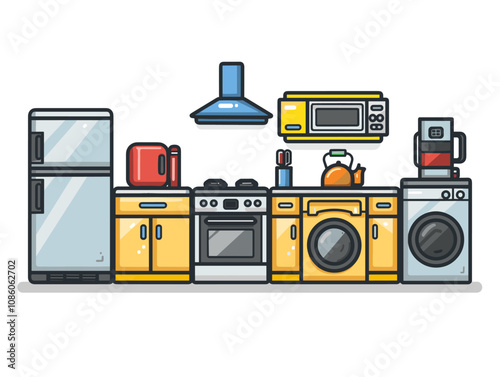 Cartoon kitchen with appliances such as a microwave, oven, and coffee maker. The appliances are yellow and white, and the kitchen is clean and organized