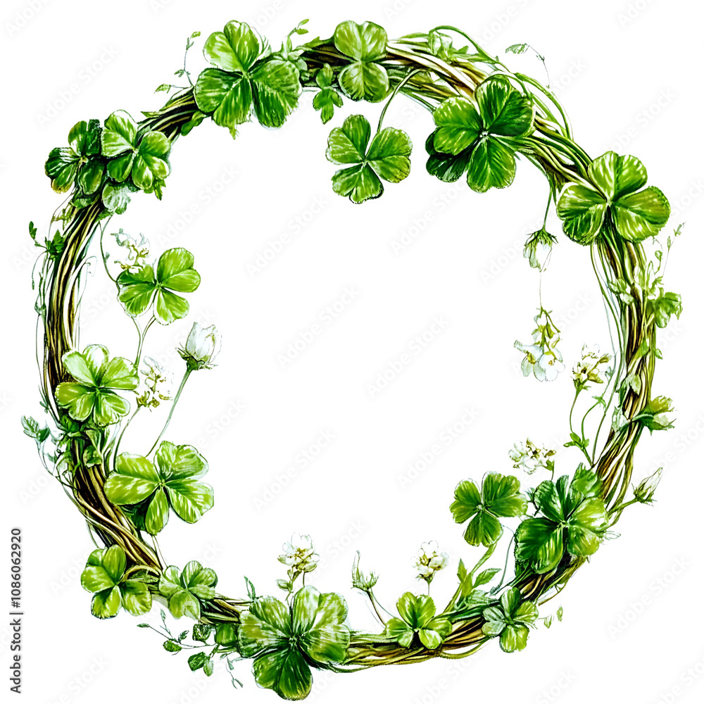 Decorative wreath made of vibrant green clovers and delicate flowers perfect for spring celebrations or festive occasions. Png, transparent background. Decorative wreath made of vibrant green clovers and delicate flowers perfect for spring celebrations or festive occasions. Png, transparent background.