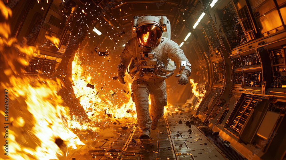 Astronaut escaping fire in spaceship like in sci-fi movie, spaceman runs down corridor at spacecraft or space station during crash. Concept of disaster, accident Astronaut escaping fire in spaceship like in sci-fi movie, spaceman runs down corridor at spacecraft or space station during crash. Concept of disaster, accident