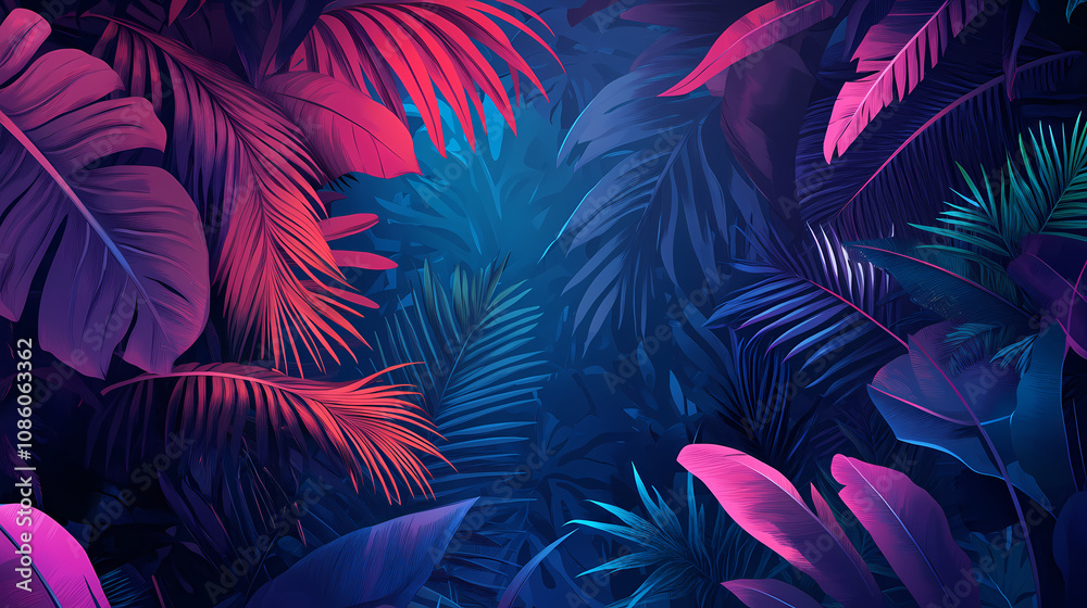 An illustration in retro style of a tropical neon background. Vintage Futuristic. Illustration An illustration in retro style of a tropical neon background. Vintage Futuristic. Illustration