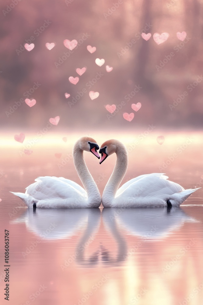 Fototapeta premium Two swans gracefully facing each other on a tranquil lake at sunset with shimmering reflections