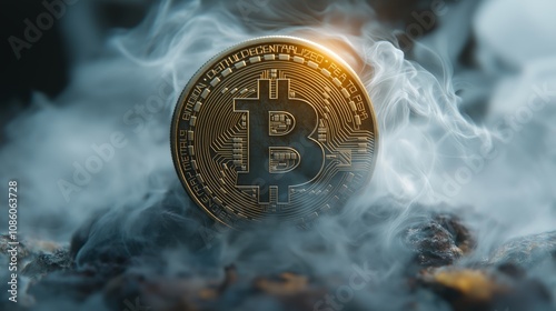 Golden Bitcoin coin surrounded by swirling gray smoke on a rocky surface, symbolizing mystery, uncertainty, and the enigmatic nature of cryptocurrency markets.