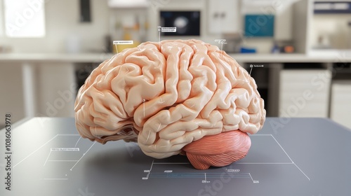 Detailed brain model on a clinical table with labeled regions such as the precentral and postcentral gyrus, highlighting motor and sensory areas, designed for medical education and research. photo