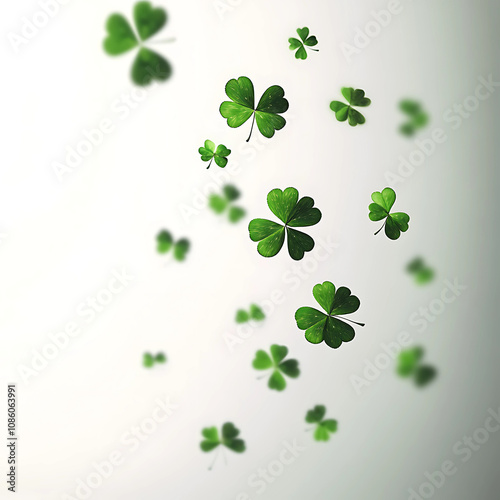 Floating green clovers scatter against a light background, symbolizing luck and nature in a serene atmosphere