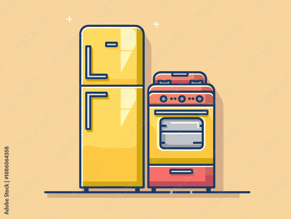 Yellow refrigerator and a red oven are shown side by side. The refrigerator is on the left and the oven is on the right Yellow refrigerator and a red oven are shown side by side. The refrigerator is on the left and the oven is on the right