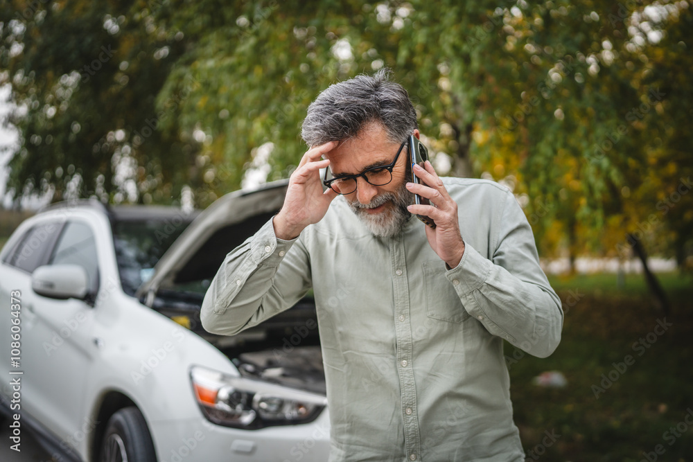 worried man stand in front open hood of car make a phone call for help worried man stand in front open hood of car make a phone call for help