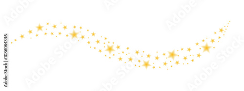 Flying golden stars blurred, sparkling Christmas confetti. Magical shining stars with aura. Glittery holiday vector background..