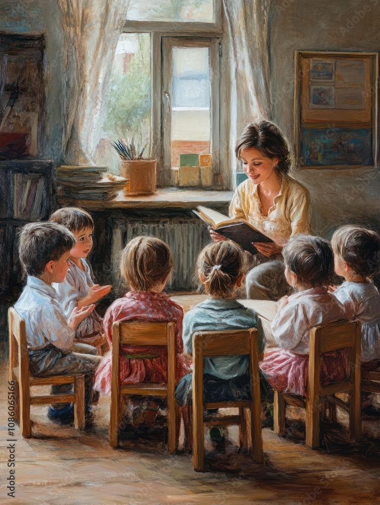 Group of small nursery school children with teacher indoors in classroom, painting. Group of small nursery school children with teacher indoors in classroom, painting.