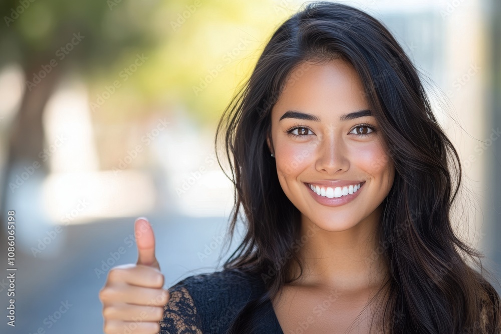 Young woman smiling and giving a thumbs up in a sunny outdoor setting Young woman smiling and giving a thumbs up in a sunny outdoor setting